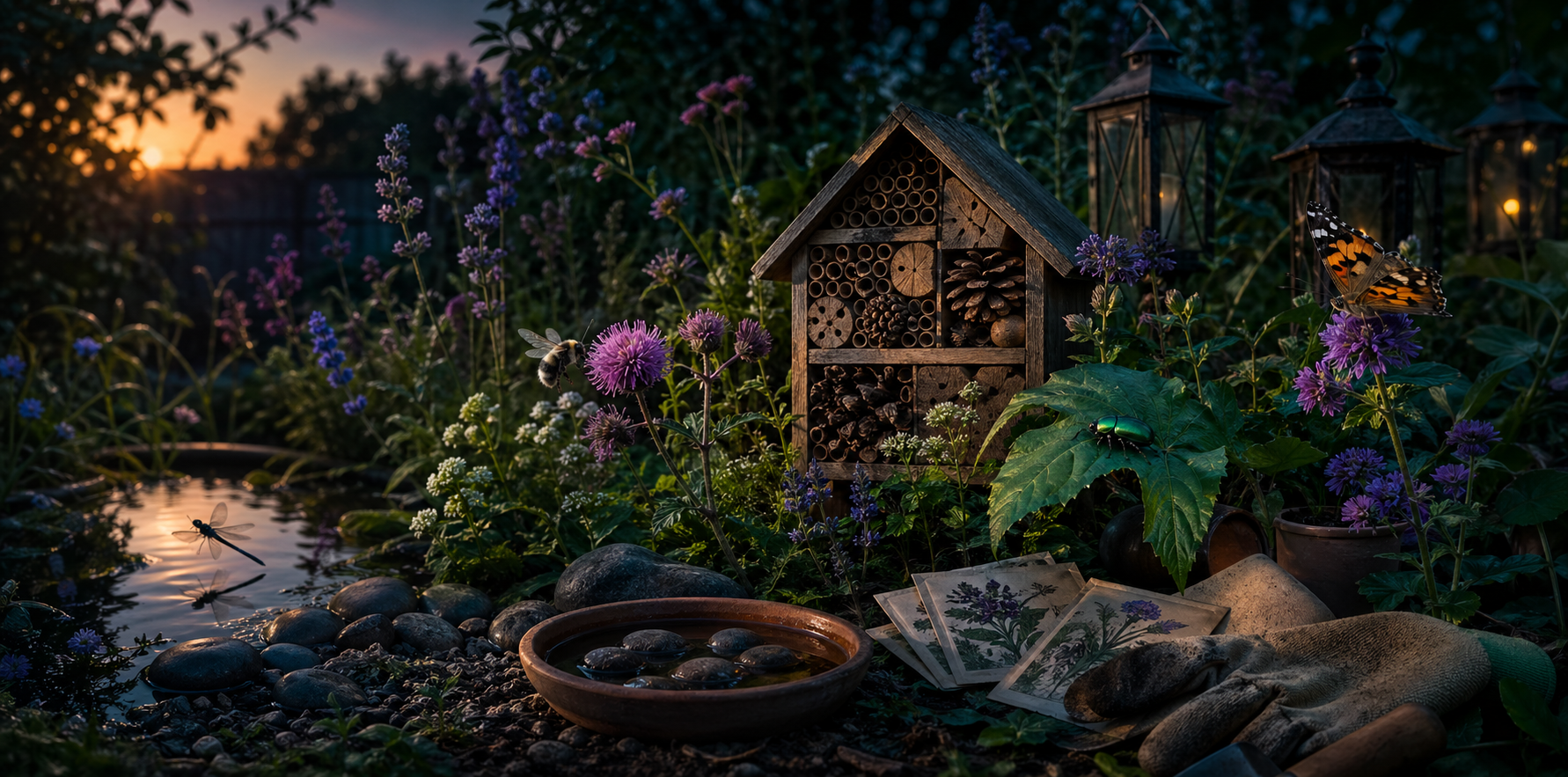 Insektenfreundlicher Schulgarten mit Insektenhotel, Wasserstelle und Wildblumen