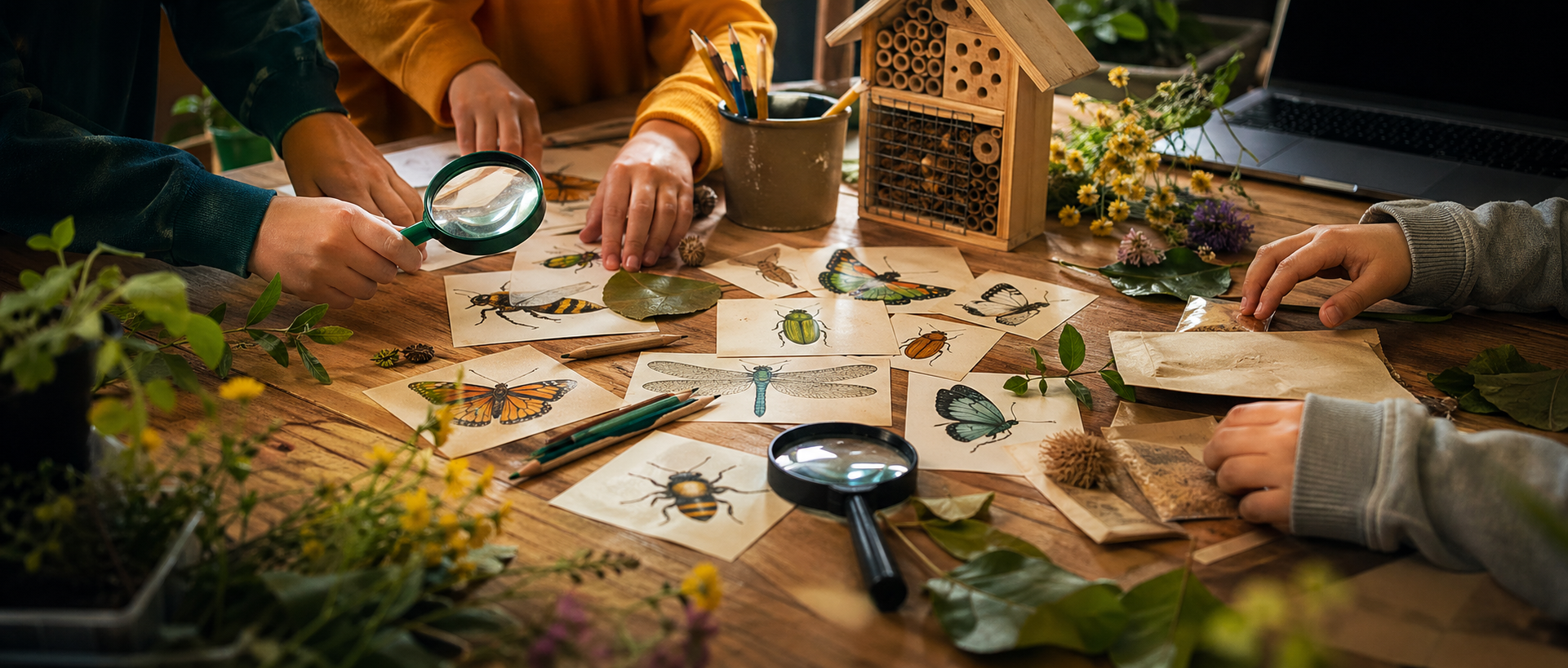 Workshop-Tisch mit Insektenkarten, Lupen, Blättern und Insektenhotel